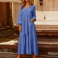 thumbnail image 3 of Women's Maxi Dress Long Sleeve V-Neck Loose Fit Button Down Cotton Linen Retro Swing Dress for Spring Fall Casual Daily Wear,Dark Blue,4XL, 3 of 7