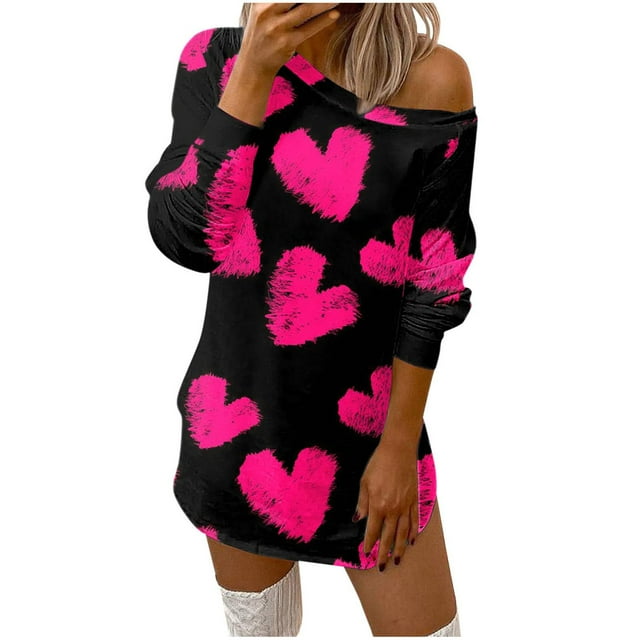 Pompotops Robe Mini Ample Confortable à Imprimé Cœur pour Femmes, Col Rond, Manches Longues, Épaules Dénudées