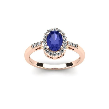 Rose Tanzanite Ring - 1 Carat Oval Shape Tanzanite & Halo Diamond Ring in 14K Rose Gold Size 4.5