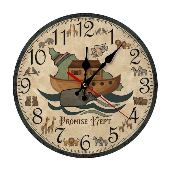 Noahs Ark Animals Round Wooden Wall Clock, Silent Non-Ticking Decor Clock for Home Multi Room Use
