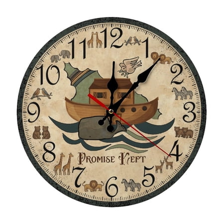 Noahs Ark Animals Round Wooden Wall Clock, Silent Non-Ticking Decor Clock for Home Multi Room Use