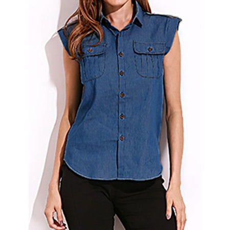 Beautiful Button Front - Womens Tops Clearance Sleeveless Front Chest Pockets Button Down Blouses