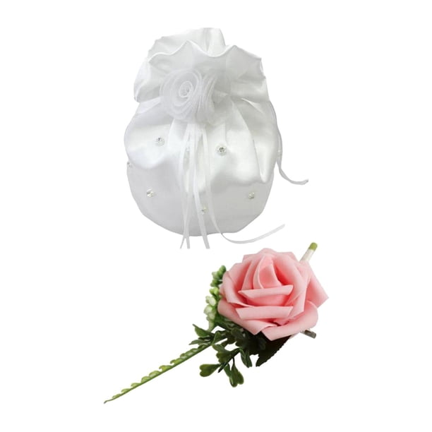 Bolso de novia de moda con flores de rosa, ramillete para novio con clip, bolso de mano con ramillete para graduación Bolso de novia rosa rosa