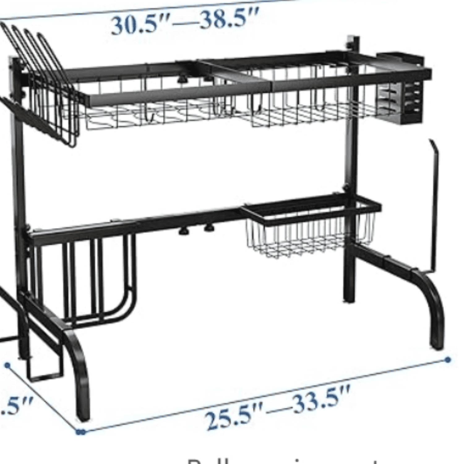 Over The Sink Dish Drying Rack, Adjustable (25.5 to 33.5 inch) 2 Tier Metal Steel Dish Drying Racks for Kitchen Counter with Hooks Paper Towel Utensil Cup Holder Sink Caddy (Black)