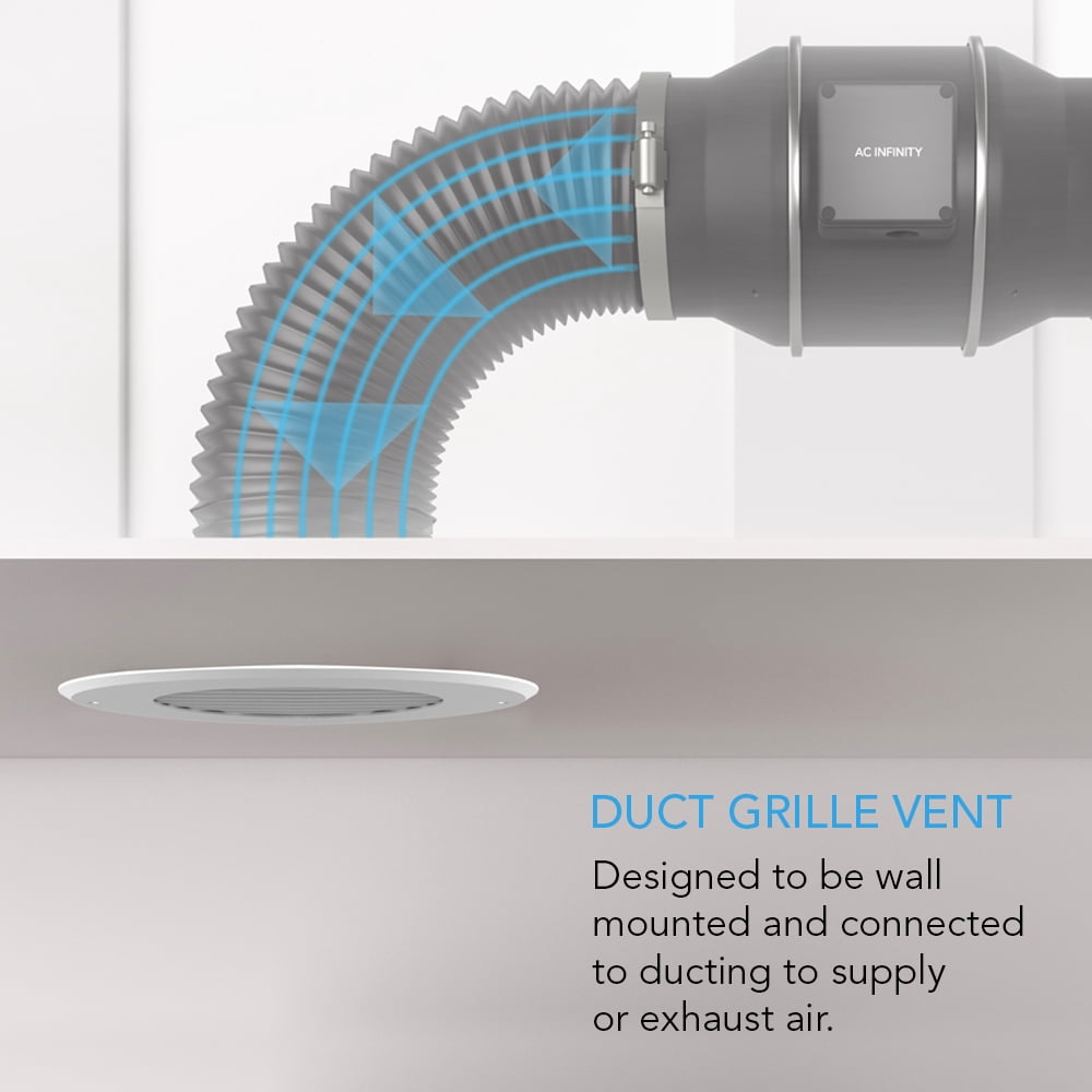 AC Infinity Wall-Mount Duct Grille Vent for 6-Inch Ducting, White Metal, Heating Cooling Ventilation and Exhaust