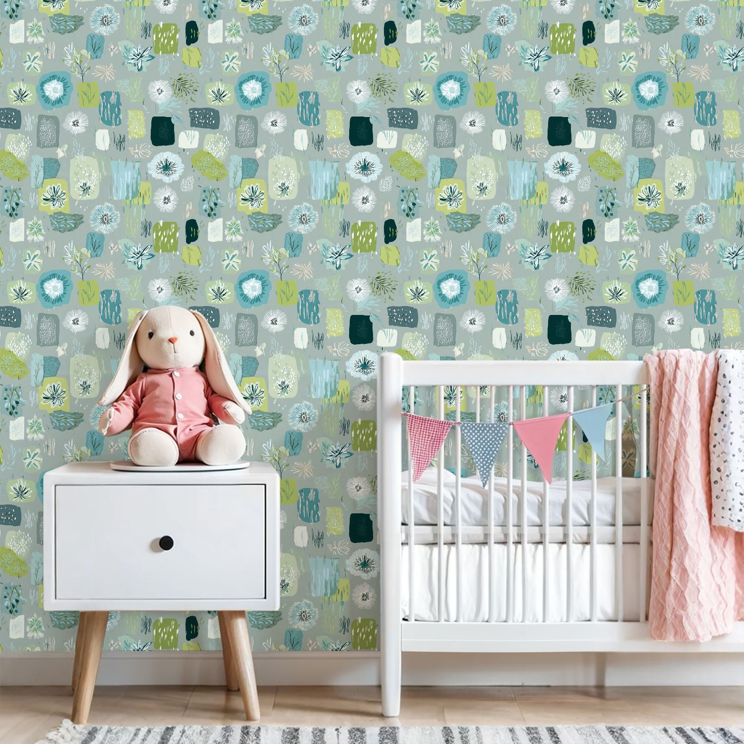 Sage Green Peel and Stick Wallpaper Abstract Botanical Green Blue Floral Elements Wall Mural 23.6in x 9.8ft Self Adhesive Removable Wall Paper Renter Friendly Wallpaper for Girls Bedroom Livingroom