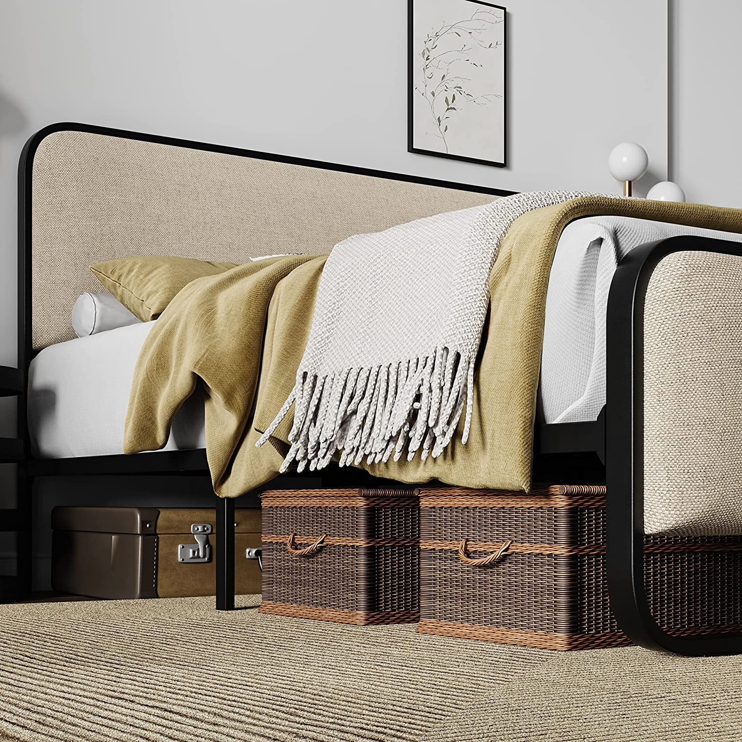 Allewie Full Size Metal Platform Bed Frame with Curved Upholstered Headboard and Footboard, Beige