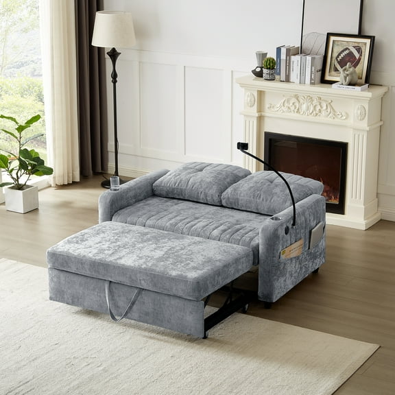 MODERNLUXE 1100LBS Chenille Pull Out Sofa Bed, 53.9" Convertible Sleeper Loveseat with 3 USB Ports, 2 Side Pockets,2 Cup Holders and 360°Swivel Phone Holder,Modern Loveseat Sofa for Living Room,Grey