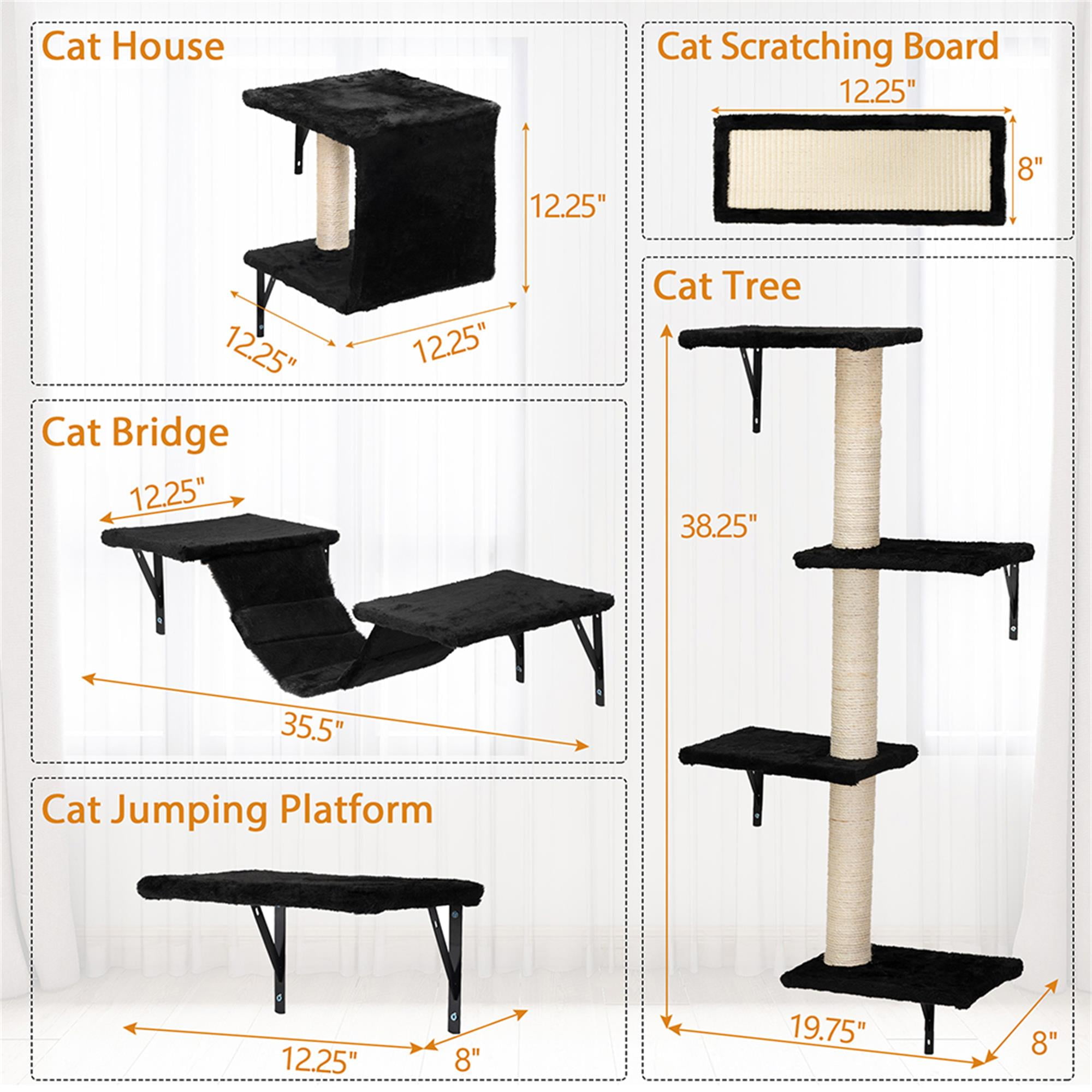 Kadyn Cat Wall Shelves and Perches Set for 5, Cat Tower for Adult Cats Mounted Cat Tree House for Large, Indoor Cat Sleeping Playing Lounging Climbing Furniture, Black