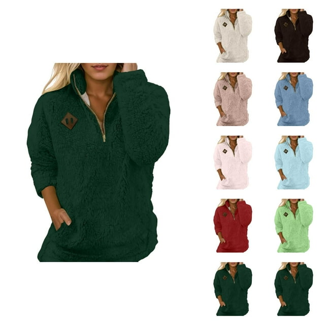 Fuzzy Sweatshirts for Women 2025 Long Sleeve Half Zip Stand Collared Sweatshirt with Pockets Pullover Tops
