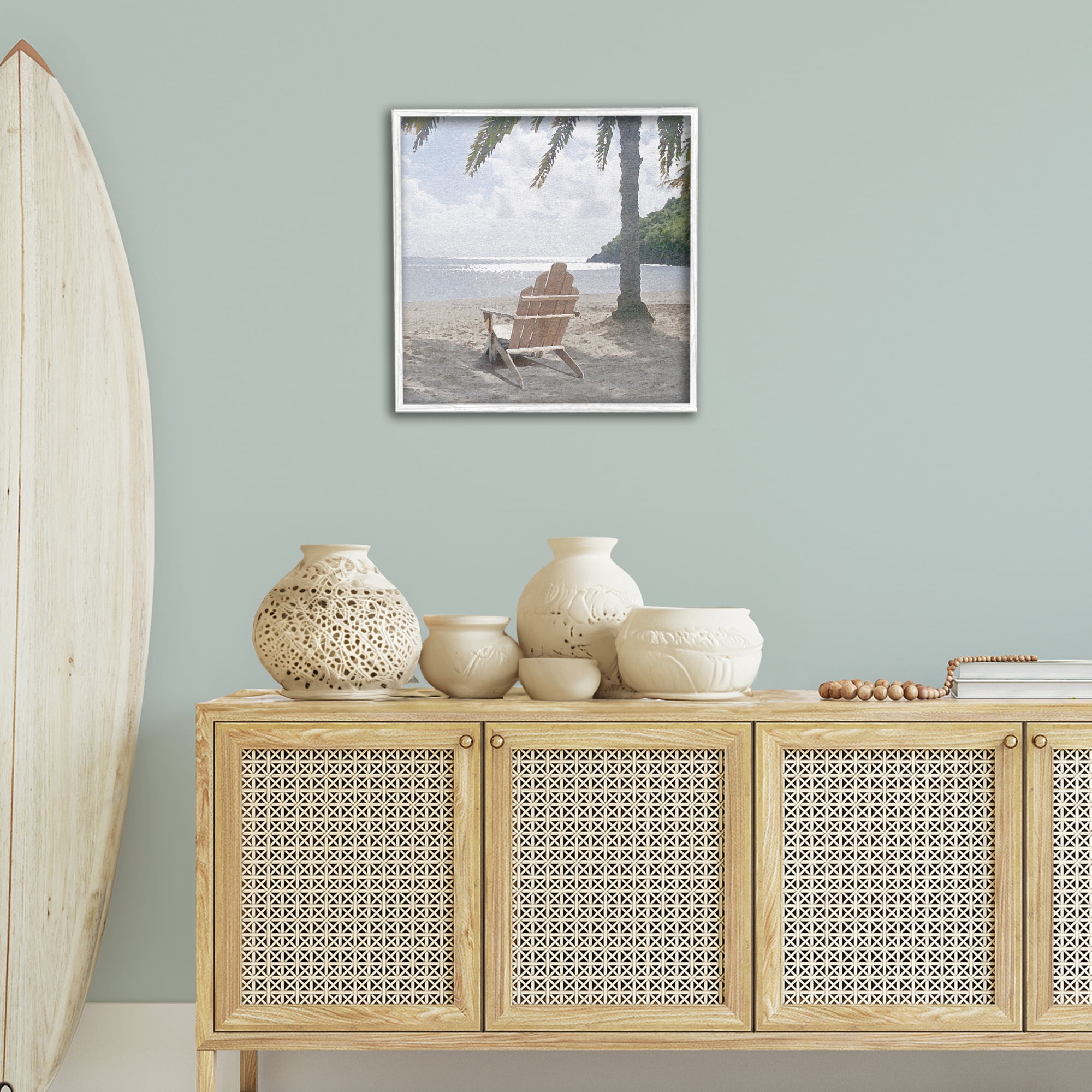 Stupell Industries Chair Under Palm Tree Coastal Photography White Framed Art Print Wall Art, 24 x 24