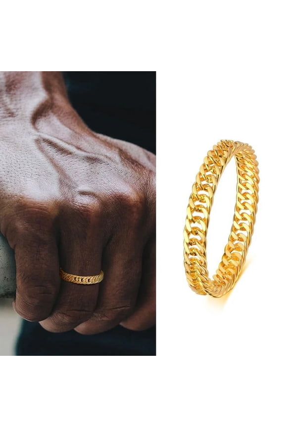 Cuban Ring, Curb Chain Ring, 14K Yellow Gold Miami Link Rings,Streetwear Fashion Hip Pop Cool Ring, Everyday Jewelry 3MM