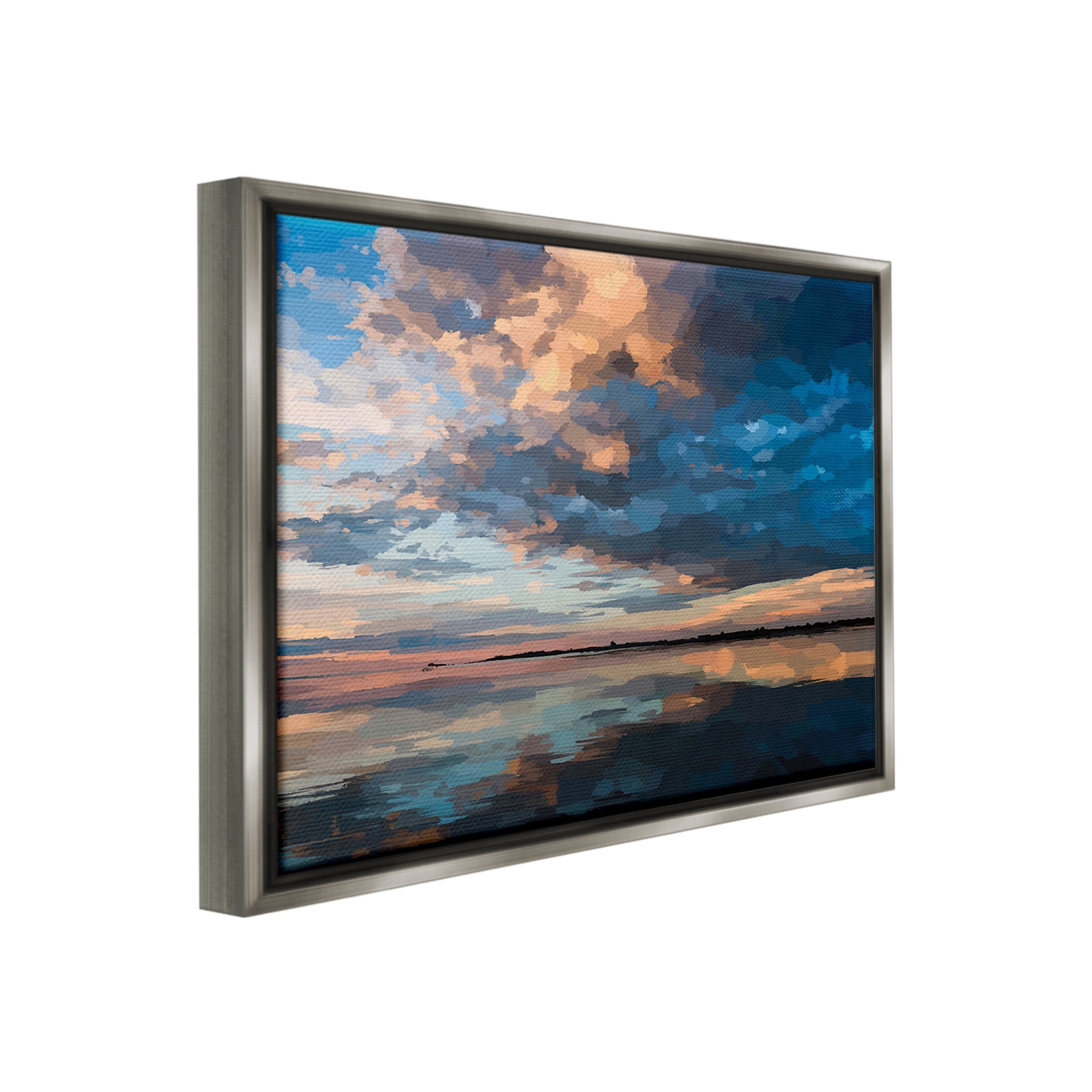 Stupell Industries Clouds & Sunset Reflection Landscape Painting Gray Floater Framed Canvas Art Print Wall Art, 31 x 25