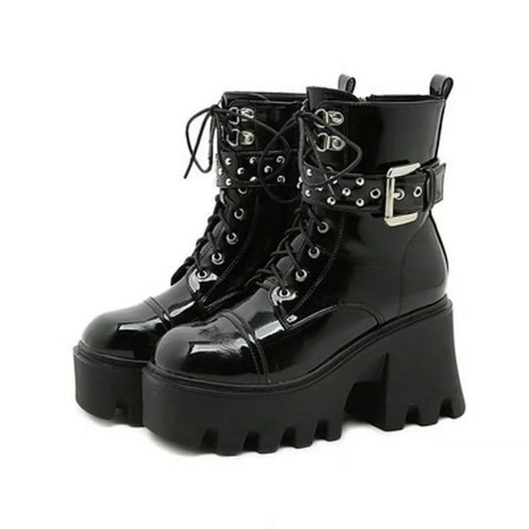 CEHVOM New Autumn And Winter Patent Leather Thick-soled Large Size Platform Buckle Ankle Boots