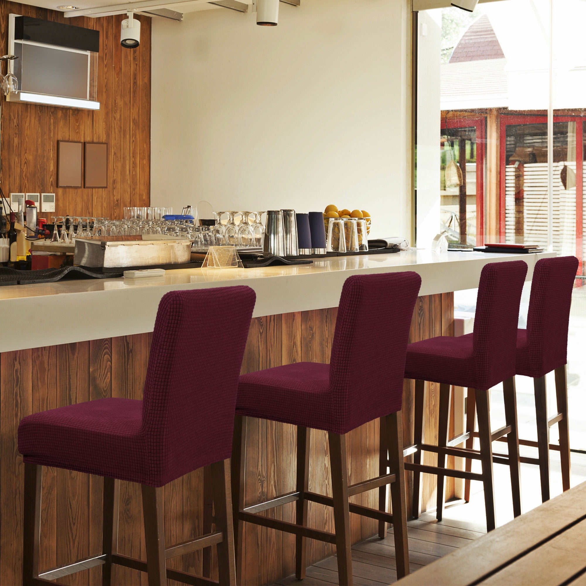 PiccoCasa Stretch Bar Stool Covers for Counter Height Side Chair Slipcovers Burgundy 4Pcs