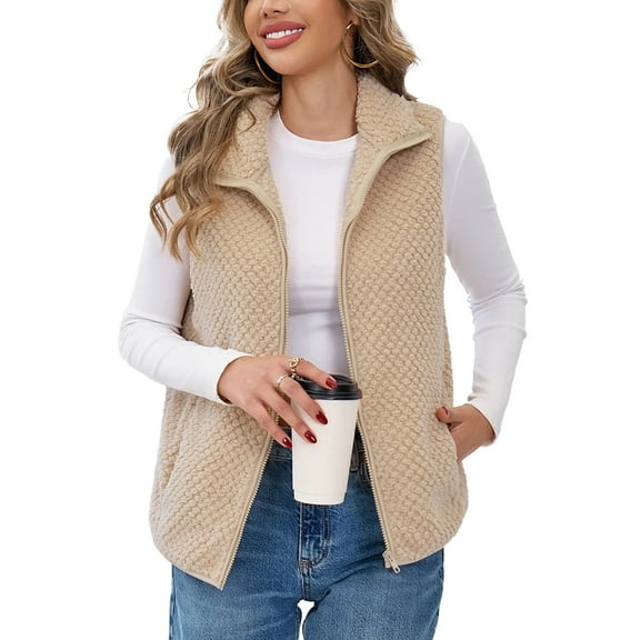 WQD Womens Fuzzy Fleece Vest Casual Lightweight Sleeveless Zip Up Warm Sherpa Vest Jacket Cozy Waistcoat Outerwear with Pockets for Fall Winter Spring