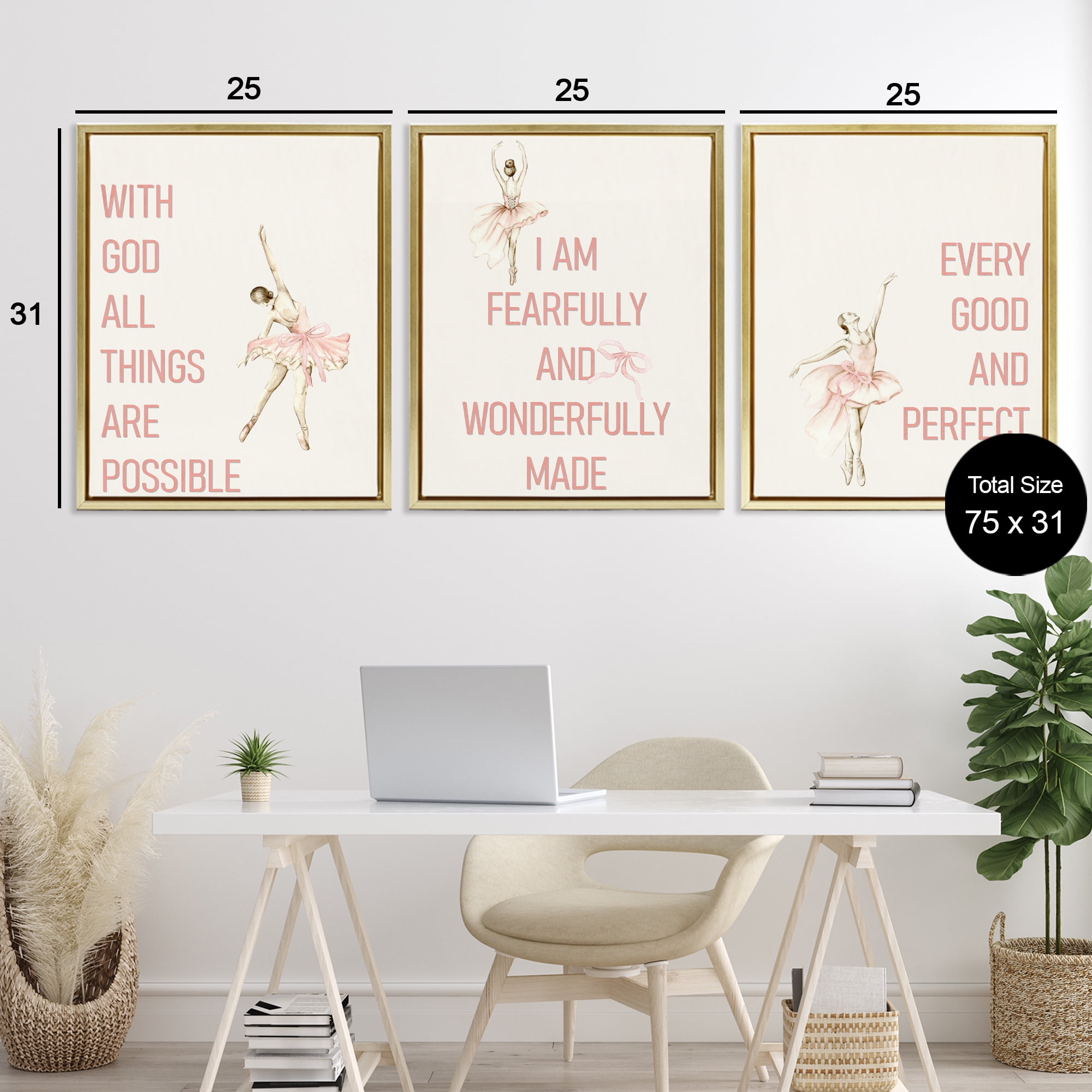 Faith Sentiments with Ballerinas 3 Piece Gold Framed Floater Canvas Set, design by Kim Allen