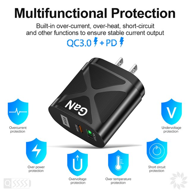 Cargador GaN de 65 W Cargador rápido QC 3.0 de 2 puertos para iPhone 13 Pro (EE. UU. Negro)