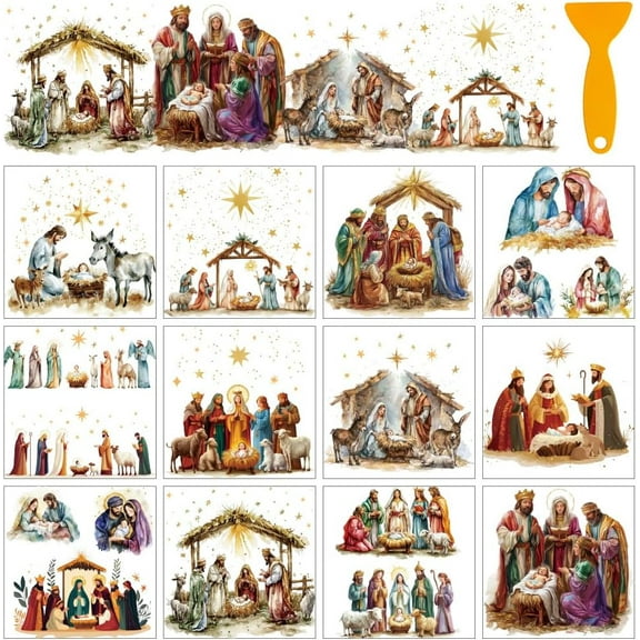 12 Sheets Christmas Nativity Scene Window Clings Christmas Rub on Transfer Stickers Furniture Decal for Home School Office Decoration DIY Crafts Supplies 5.5x5.5 Colorful