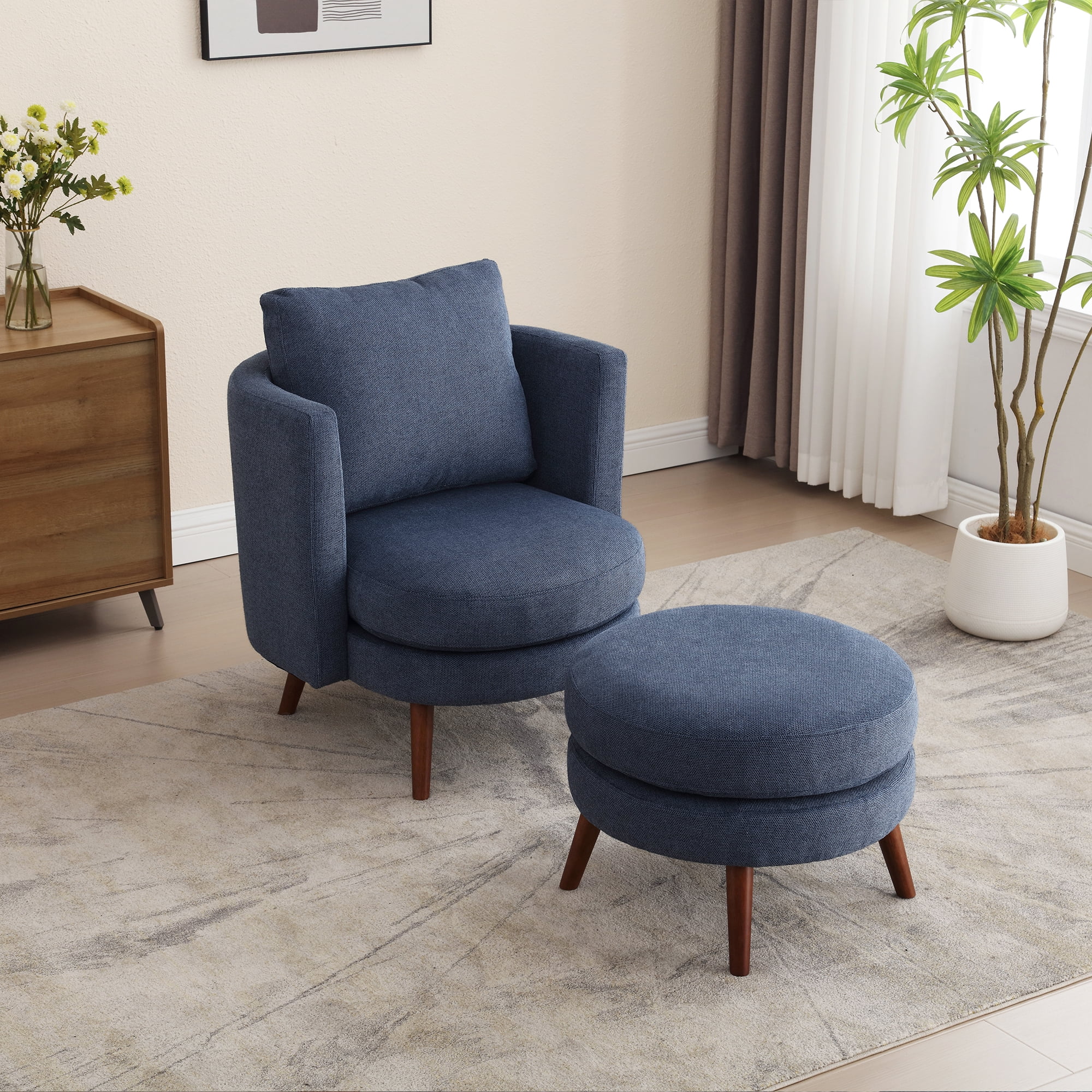 30.7"W Accent Chair with Ottoman,Upholstered Single Sofa with Throw Pillow & High Armrest,Comfort Reading Chair with Wooden Leg for Living Room Bedroom Dorm Room Office,Navy