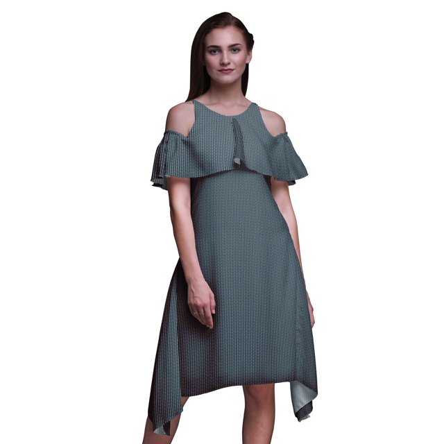 Bimba Tunique à Épaules Dénudées Imprimée Feuilles Bleues pour Femmes Robe de Soirée Col Rond - Petite