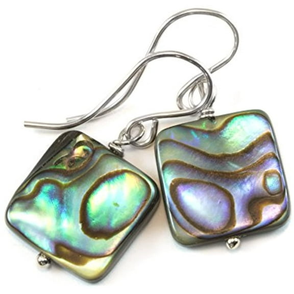 Sterling Silver Pearl Earrings Abalone Paua Shell Peacock Blue Simple MOP Square Everyday Dangles Designed for Adult Women