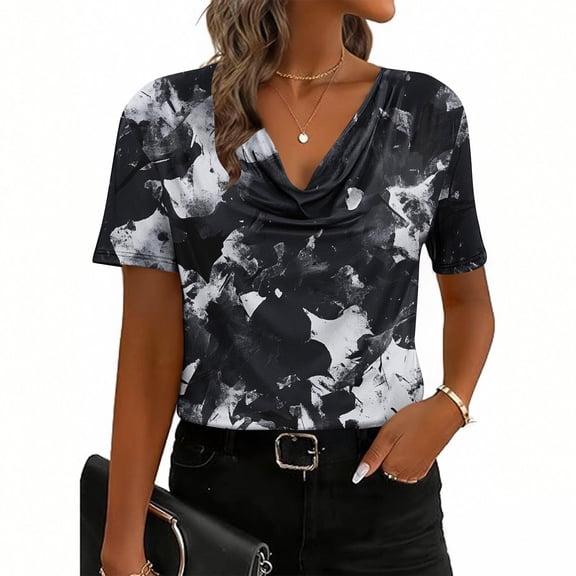 Neewe Womens Summer Tops Casual Printed Short Sleeve V Neck Shirts Business Dressy Work Blouses