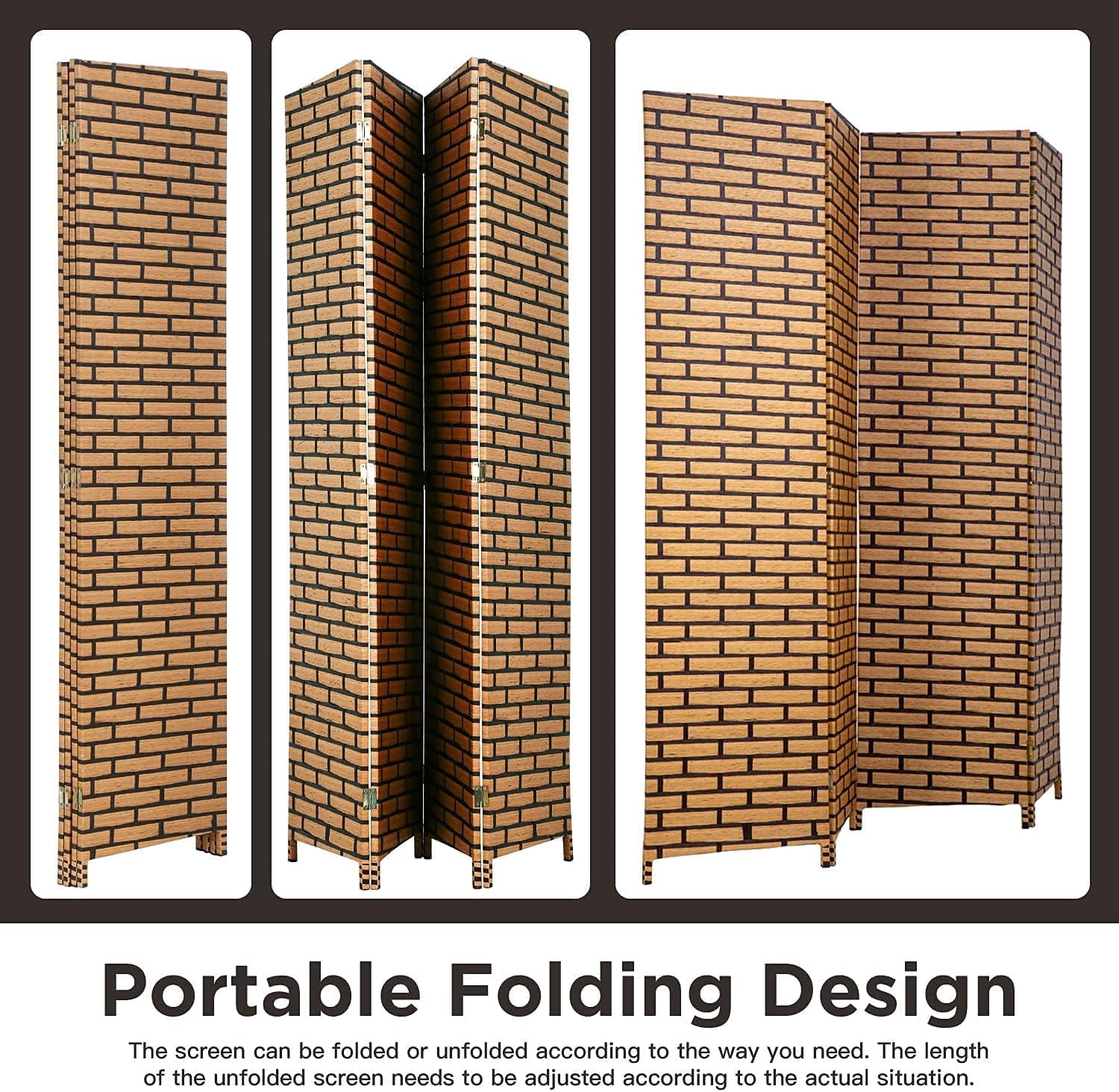 NiamVelo 4 Panel Wood Room Dividers Folding Privacy Screen Portable Screen Partition Wall Dividers for Home Office, Brick