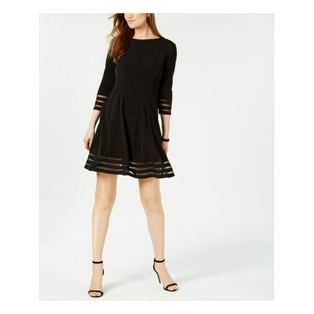 JESSICA HOWARD Womens Black Shadow Stripe 3/4 Sleeve Jewel Neck Above The Knee Fit + Flare Dress Petites  Size: