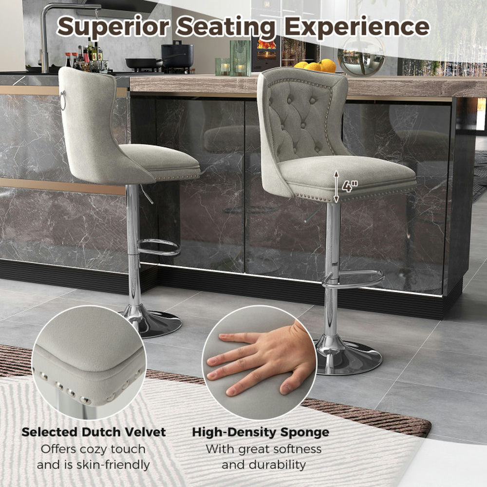 Demi Bonn Set of 2 Bar Chairs with Footrest Electroplated Metal Base and Anti-Slip Ring, Modern Dining Chair with Backrests, Gray