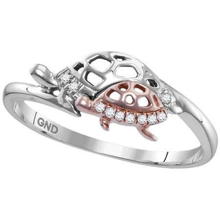 Silver Round Turtle - Sterling Silver Womens Round Diamond Rose Turtle Animal Band Ring 1/20 Cttw