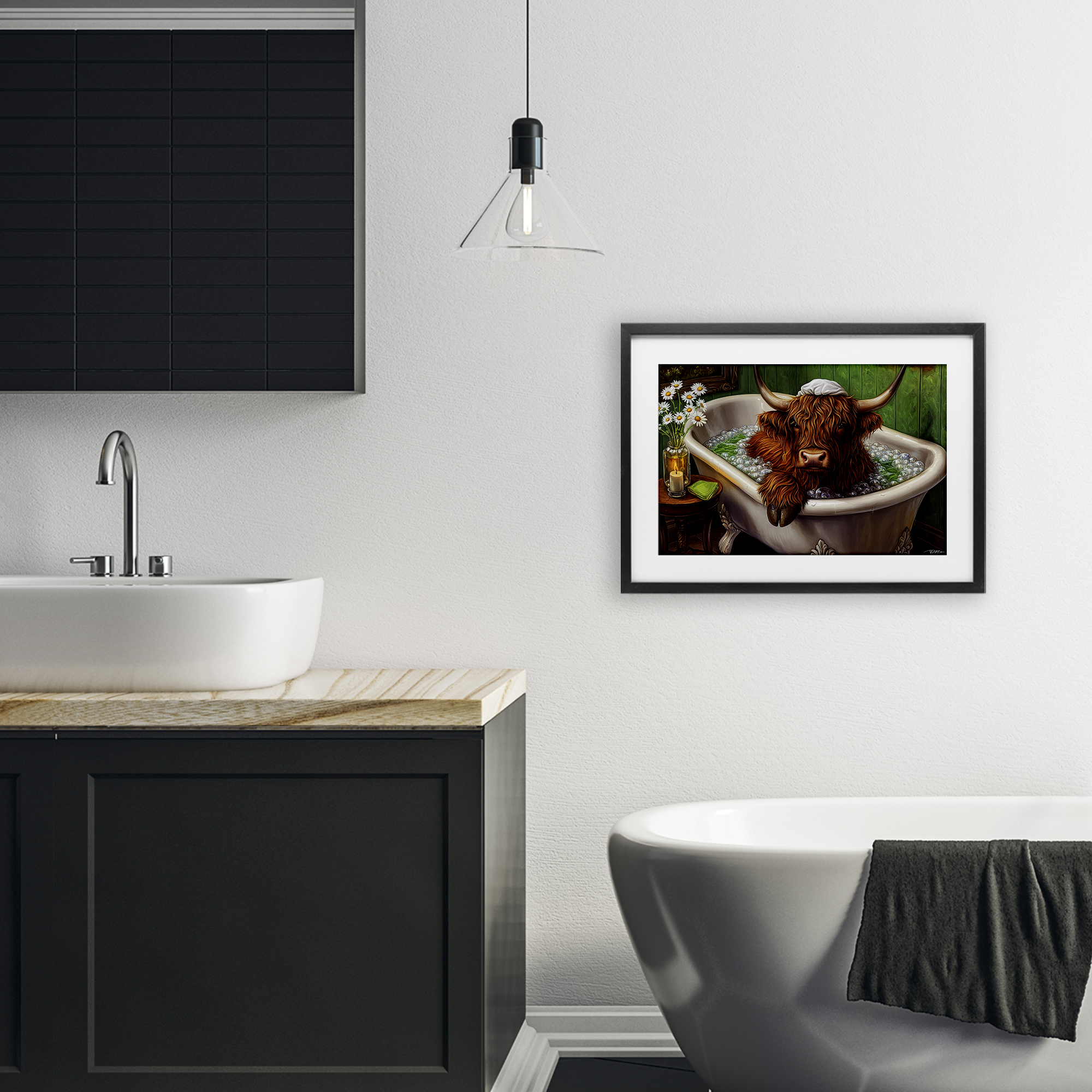 Highland in Candle Lit Bubble Bath Black Framed Print Under Glass, design by Momart