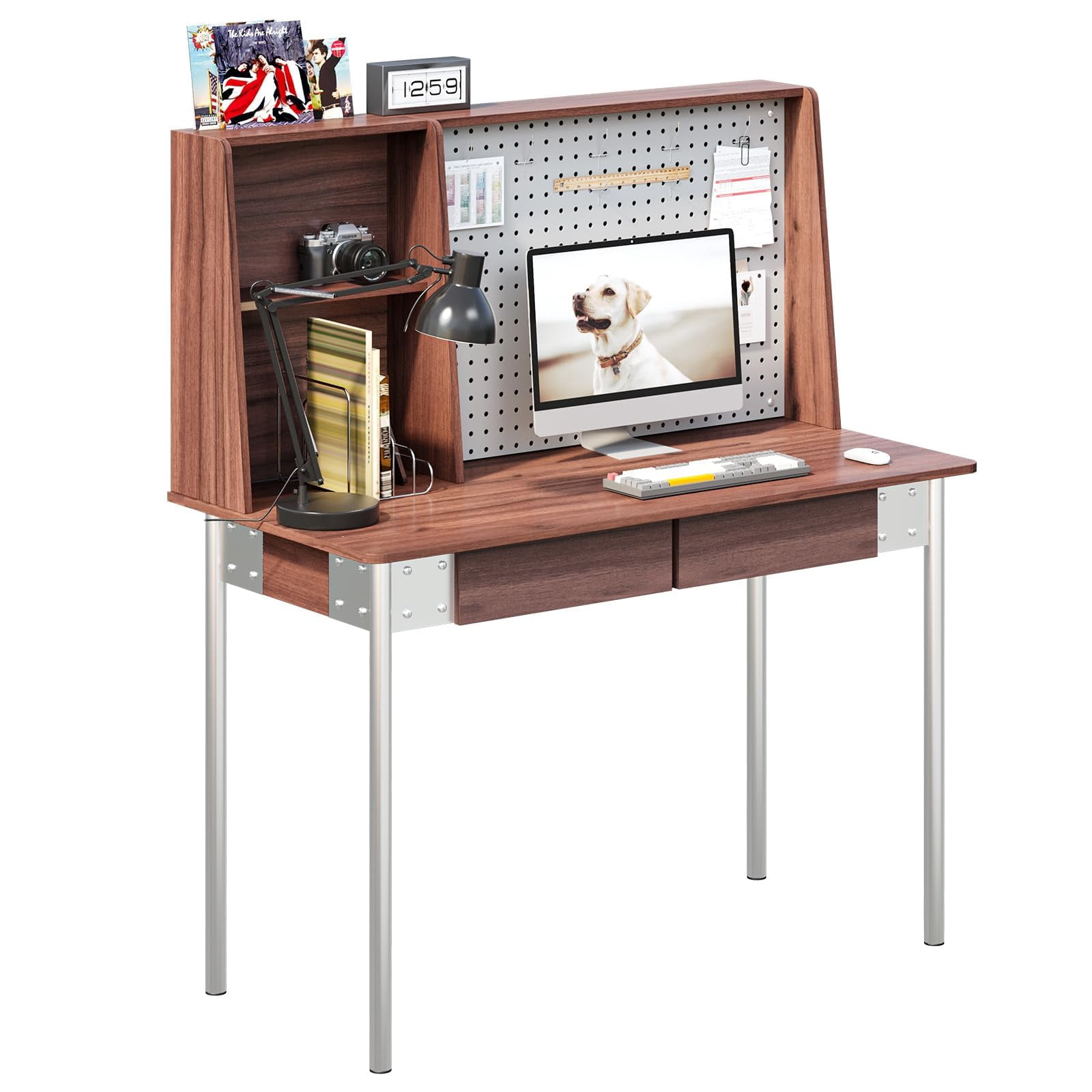 JOMEED 47 Inch Computer Desk with Pegboard, Gaming Desk with 2 Drawers, Walnut Home Office Desk with Hutch, Metal Legs