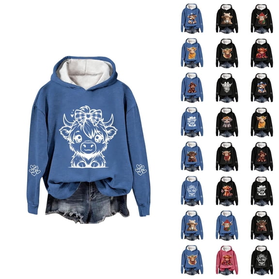Christmas Highland Cow Hoodies for Women 2025 Long Sleeve Western Country Hooded Sweatshirt Pullover Tops