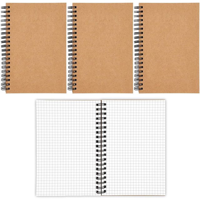4-Pack Grid Graph Spiral Notebooks with Kraft Cover, Portable A7 Size for Traveler & Students, 5x7