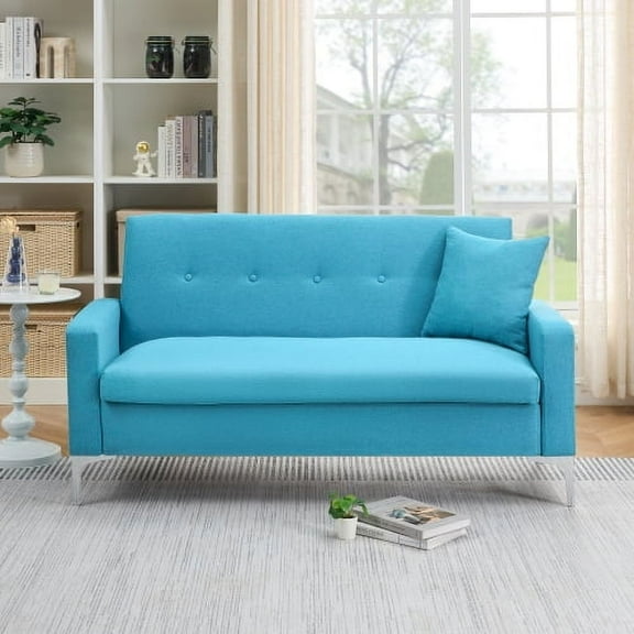57" Cotton-Linen Mid-Century Loveseat Sofa, 2 Seater Accent Loveseat Couch with Storage, Upholstered Loveseat with Sturdy Frame for Living Room Apartment Office, Blue