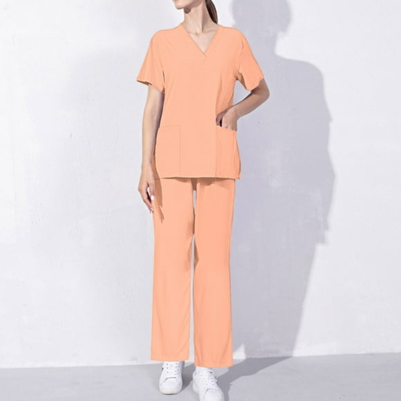 Hanen Basic Scrub Set for Women - Slim V-Neck Scrub Top & Multi Pocket Skinny Cargo Scrub Pants