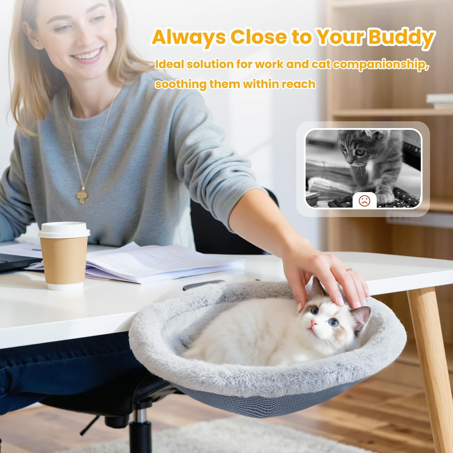 Pawaboo Cat Desk Bed, Sunken Cats Hammock with Steel Clamp Hold up to 40lbs, One-click Foldable Cat Side Table Beds with Soft Plush, Reversible & Washable Hanging Cats Bed for Game Office Home Deskto