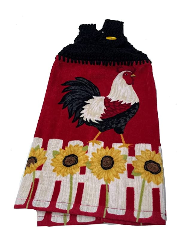 2 PC HANGING TOWELS HAND CROCHETED TOPS ROOSTER-NEW–FREE SHIPPING 
