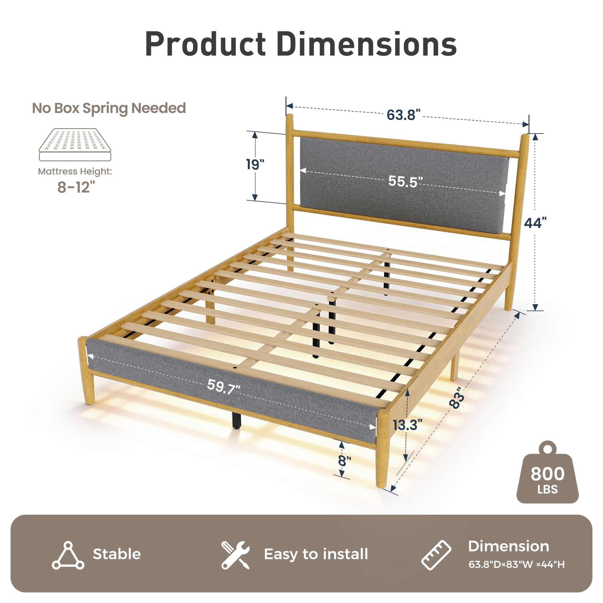 Sophia & William Queen Size Wood Bed Frame Upholstered Platform Bed Frame with Headboard & Footboard Mid-Century Bedroom Furniture,No Box Spring Needed,Gray