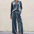 thumbnail image 2 of Women Velvet 2‑Piece Outfit Full Zip Stand Collar Jacket Drawstring Waist Wide Leg Pants Velour Loungewear Pant Suit Solid Color Fall Winter Tracksuit, 2 of 5