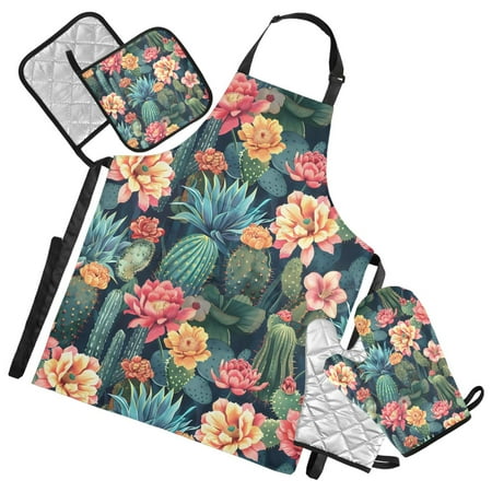 Cactus and Flower 5 Pcs Kitchen Set Heat Resistant Oven Mitts and Non-Slip Pot Holders with Adjustable Cooking Apron