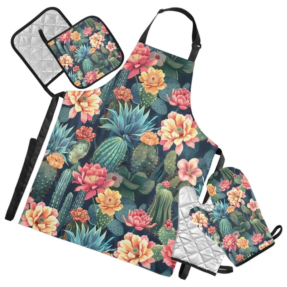 Cactus and Flower 5 Pcs Kitchen Set Heat Resistant Oven Mitts and Non-Slip Pot Holders with Adjustable Cooking Apron