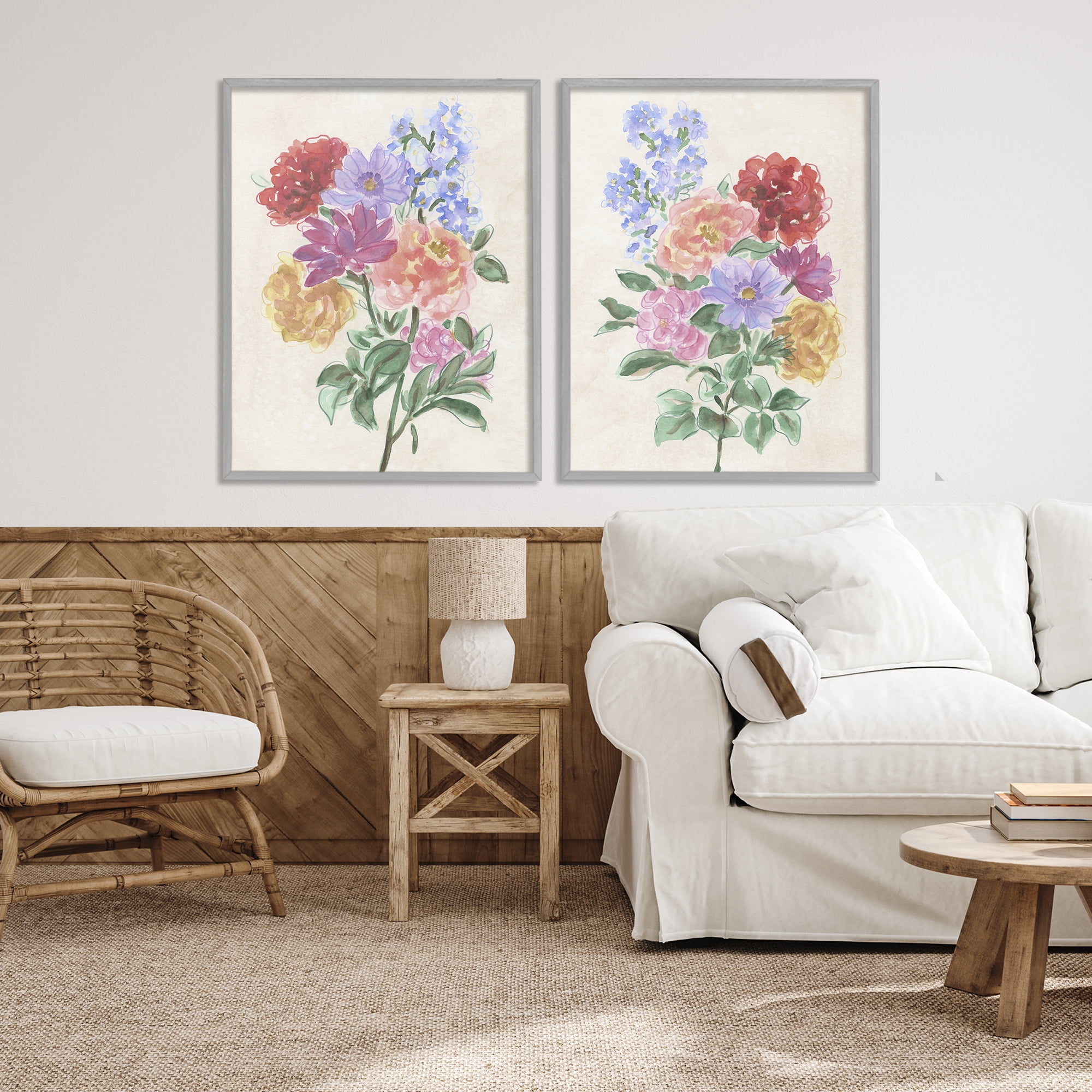 Stupell Industries Spring Blooms on Parchment 2 Piece Gray Framed Giclee Art Set, design by June Erica Vess