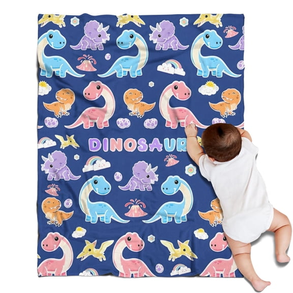 DarkBlue Cartoon Dinosaurs Rainbow Volcanoes Pattern Blanket,Comfortable Soft Flannel Throw Blanket,All Season,Warm Lightweight Blankets for Sofa Bed Couch Living Room Chair,30"x40"