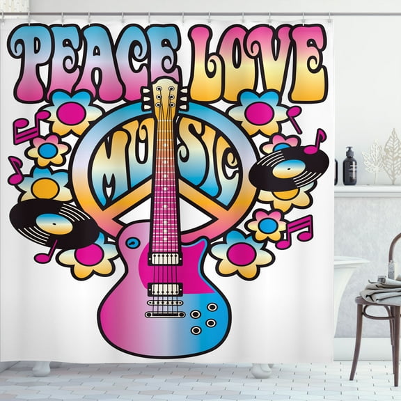 Ambesonne Colorful Shower Curtain, Peace Love Vinyl Music, 69"Wx84"L, Blue Pink Yellow