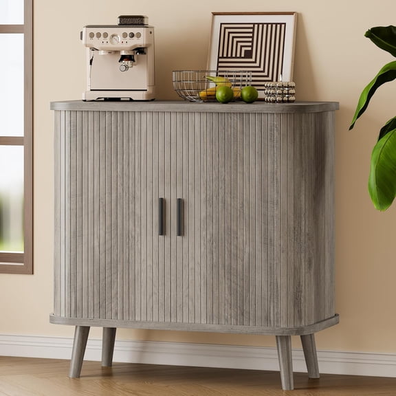 Sideboard Buffet Cabinet with Sliding Door, 31.5" Wide Fluted Modern Accent Storage Cabinet with Adjustable Shelves, Wood Coffee Bar Buffet Console Table for Kitchen, Dining Room, Living Room, Grey