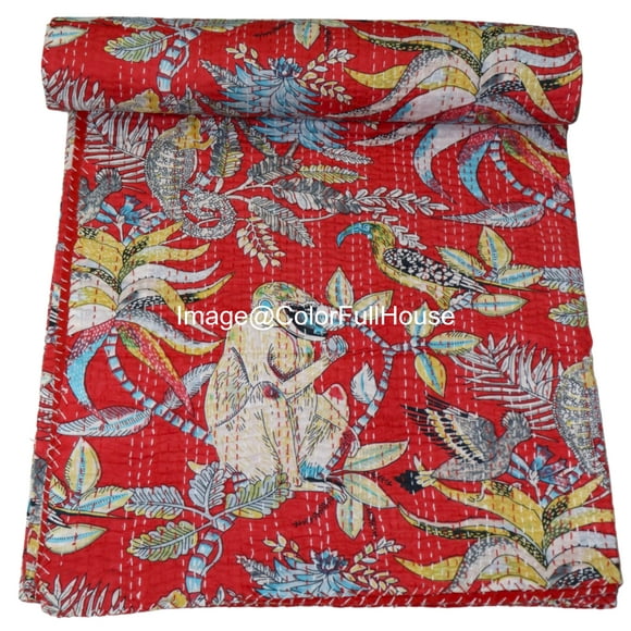 Indian Handmade Monkey Print Kantha Quilt,Village Gudri,Bedsheet, Bedspread, Traditional Indian Throw Blanket Size ( Single 60" x 90" )