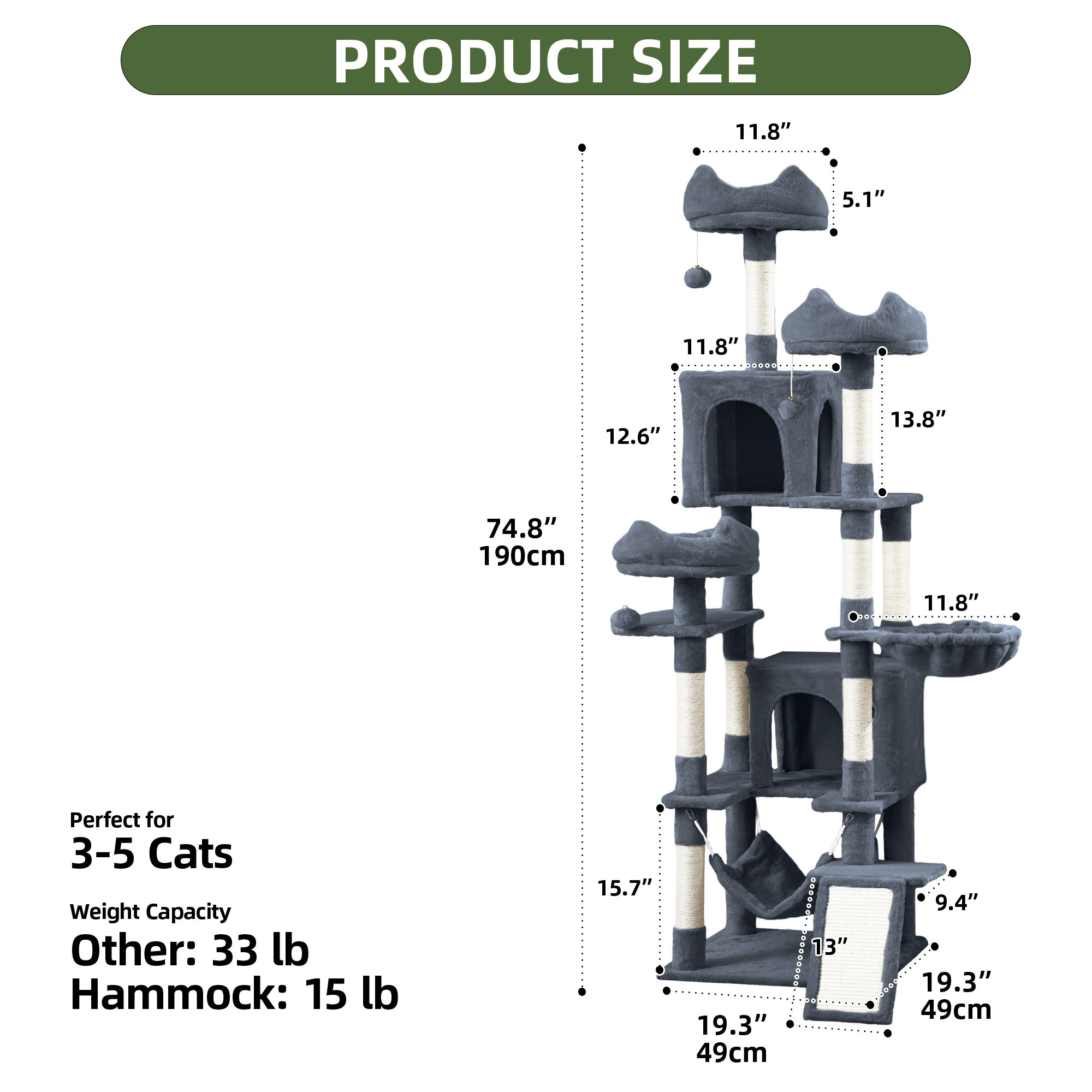 Uforic 75" Tall Cat Tree, Multi-Level Cat Tower with Condos, Hammocks, Scratching Posts, Dark Gray