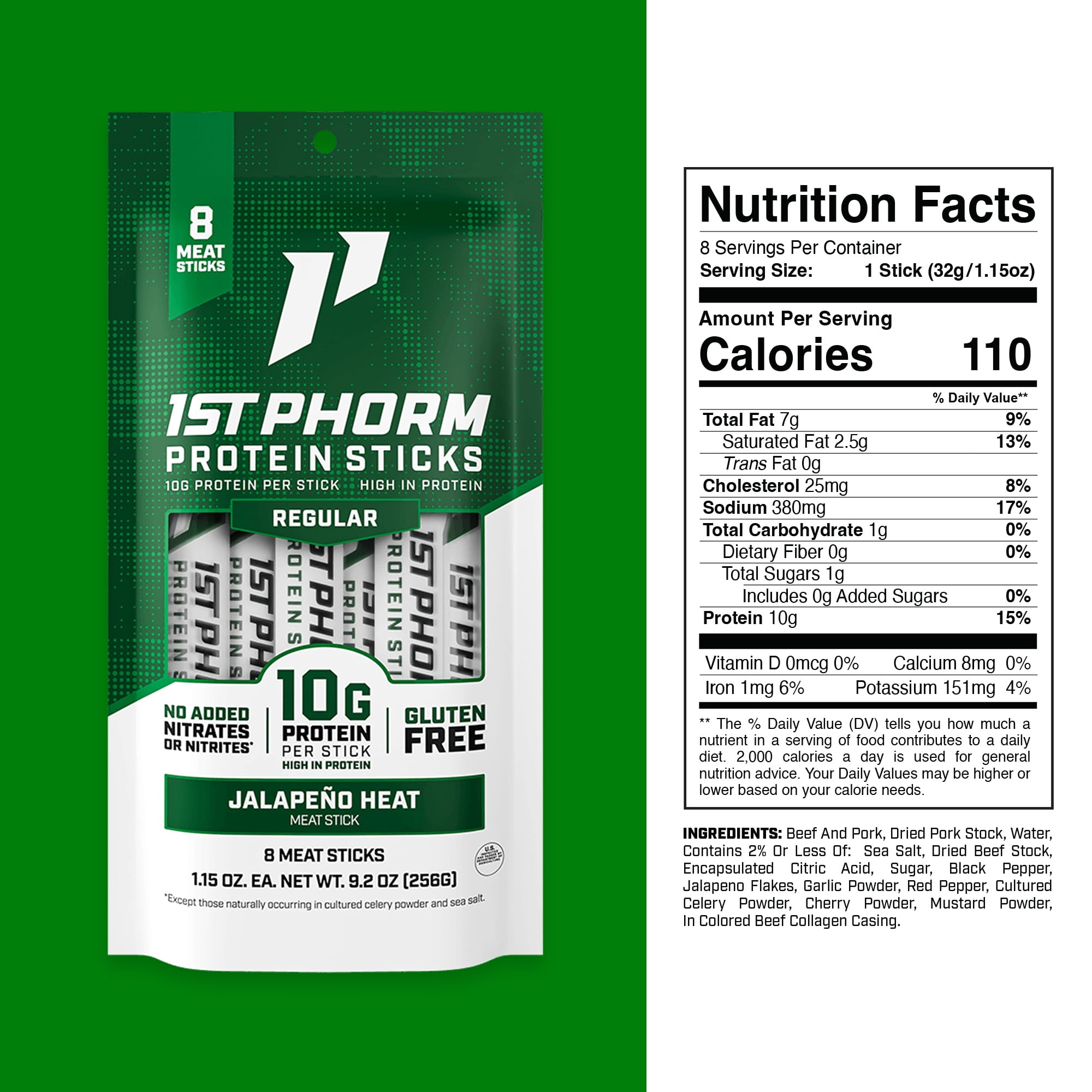 1st Phorm Protein Meat Sticks, Jalapeno Heat, 10g Protein Per 1.15 oz. Stick (8 Count)